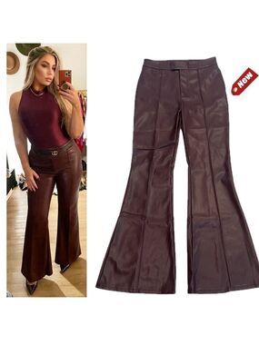 7 For All Mankind burgundy wine faux leather wide leg flare trouser pants S NWT